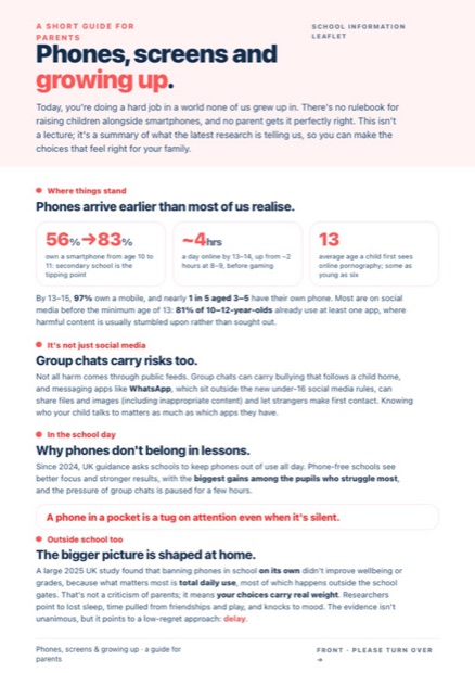 Cover of the ‘Phones, screens and growing up’ parent guide