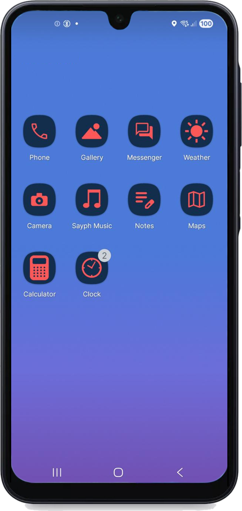 The Sayph phone home screen showing only parent-approved apps: Phone, Gallery, Messenger, Weather, Camera, Sayph Music, Notes, Maps, Calculator and Clock